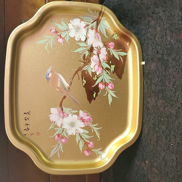 VINTAGE ENGLISH ELITE GOLD BIRD FLOWER TREE TRAY 7.5”W Dx764 - Picture 1 of 6